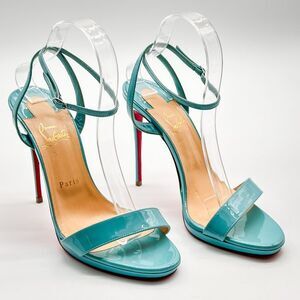 Christian Louboutin Loubi Queen 120 Teal Patent Leather Strappy Sandals EU 39.5